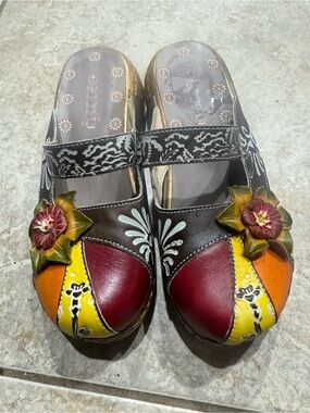 Socofy Multicolor Floral Leather Clogs - Burgundy, Yellow & Orange